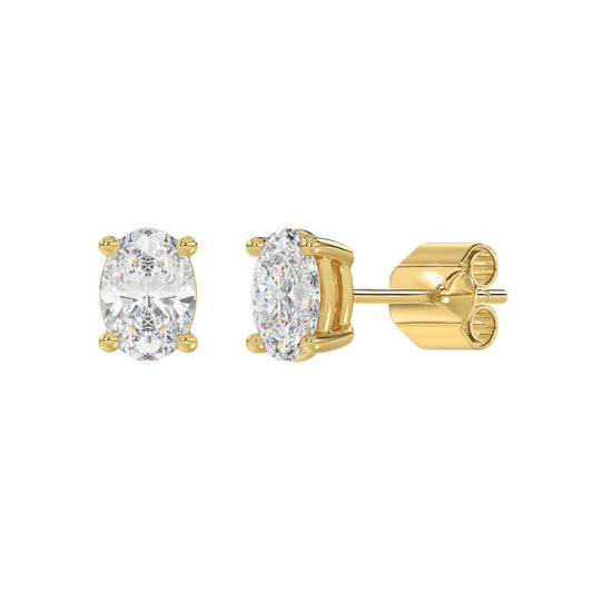 2 CTW Oval Lab-Grown Diamond Stud Earrings in yellow gold - front and angled view