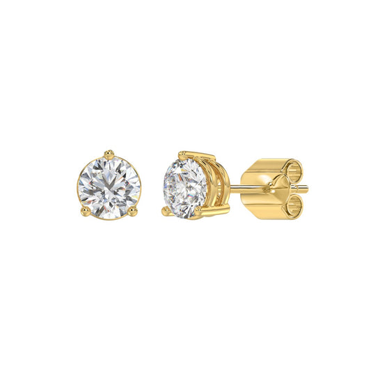 2 CTW round lab-grown diamond stud earrings in yellow gold full product view