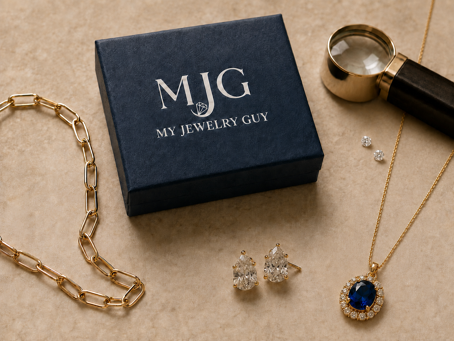 Curated jewelry beside a My Jewelry Guy presentation box and jeweler's loupe
