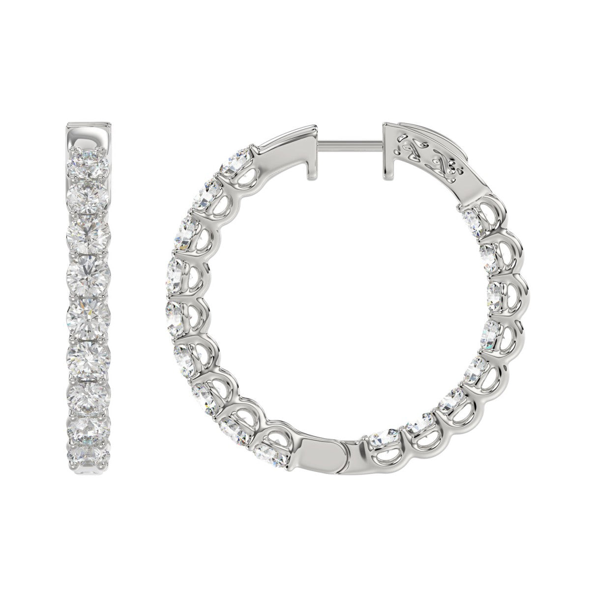 3 CTW 10K white gold inside-out lab-grown diamond hoop earrings angled view