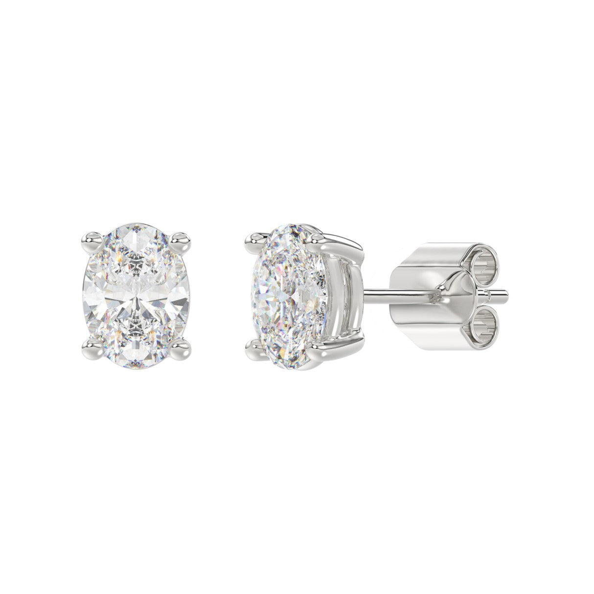 3 CTW oval stud earrings in white gold front and angled view