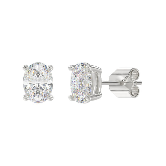 3 CTW oval stud earrings in white gold front and angled view