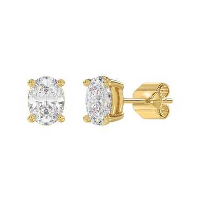 3 CTW oval stud earrings in yellow gold front and angled view