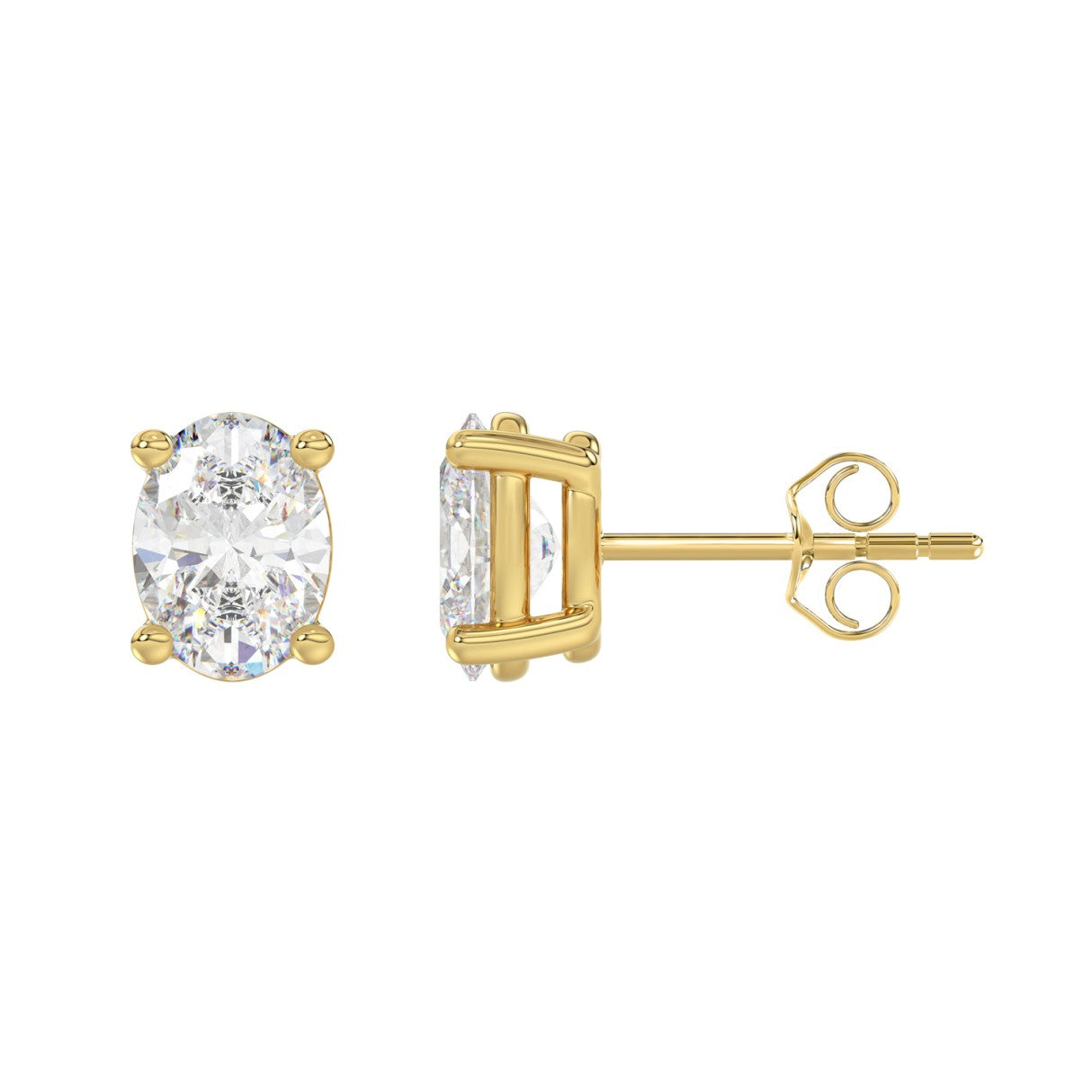 3 CTW oval stud earrings in yellow gold front and side profile view