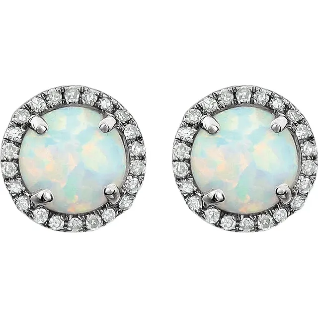 October lab-grown opal and lab-grown diamond halo stud earrings in sterling silver, front view