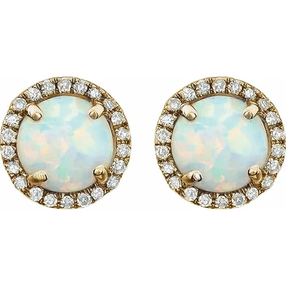 October lab-grown opal and lab-grown diamond halo stud earrings in 14K yellow gold vermeil, front view