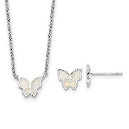 Sterling silver opal butterfly children's necklace and earring set