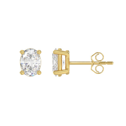 2 CTW Oval Lab-Grown Diamond Stud Earrings in yellow gold - angled side view
