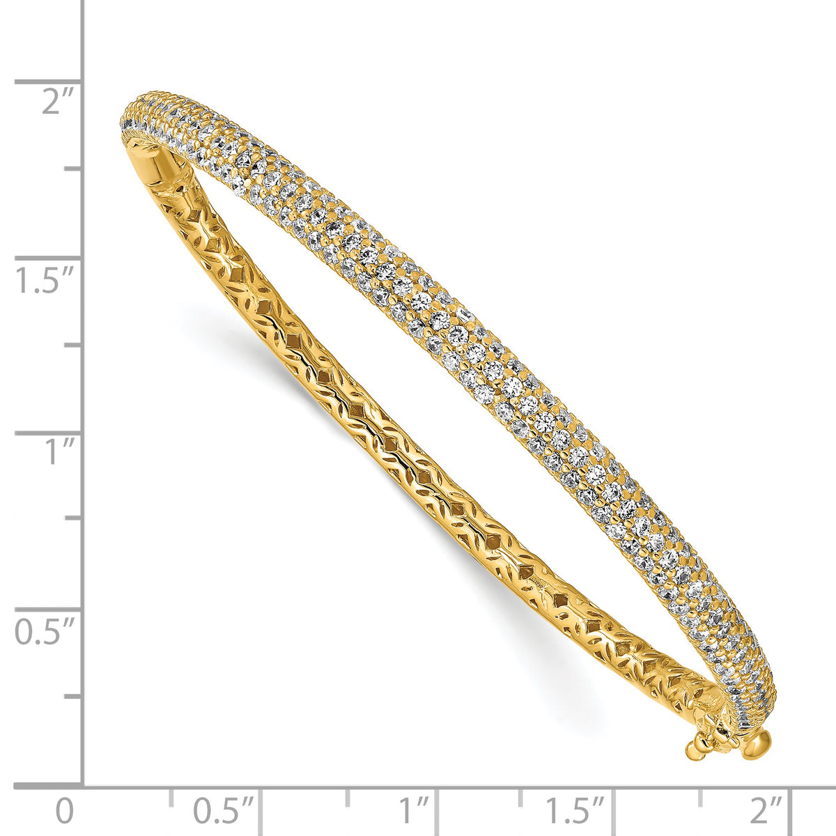 Gold-tone sterling silver 175-stone pavé CZ hinged bangle measurement guide