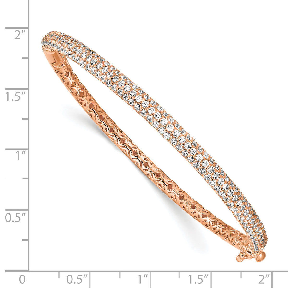 Rose-tone sterling silver 175-stone pavé CZ hinged bangle measurement guide
