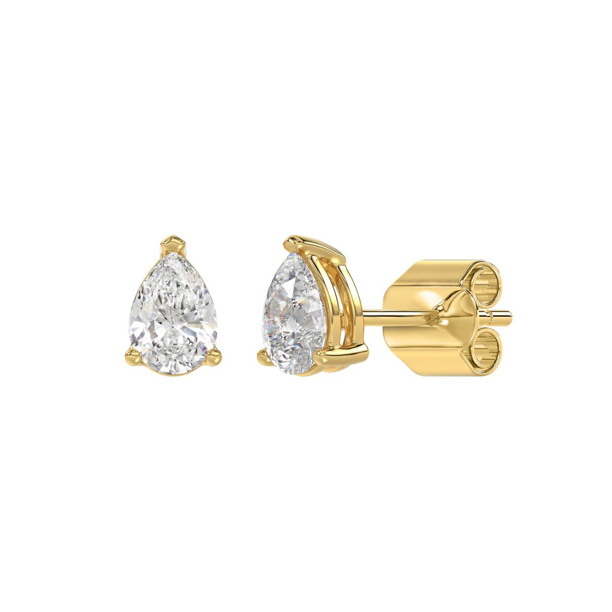 Pear Lab-Grown Diamond Stud Earrings in yellow gold - front and side view
