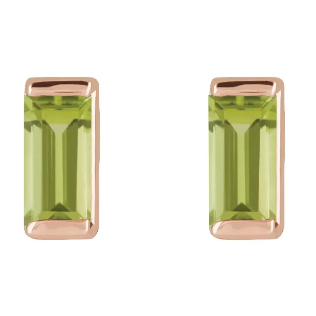 Natural peridot baguette stud earrings in 14K rose gold, front view