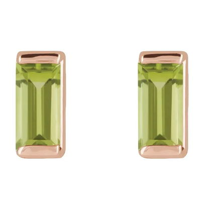 Natural peridot baguette stud earrings in 14K rose gold, front view
