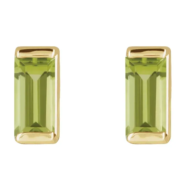 Natural peridot baguette stud earrings in 14K yellow gold, front view