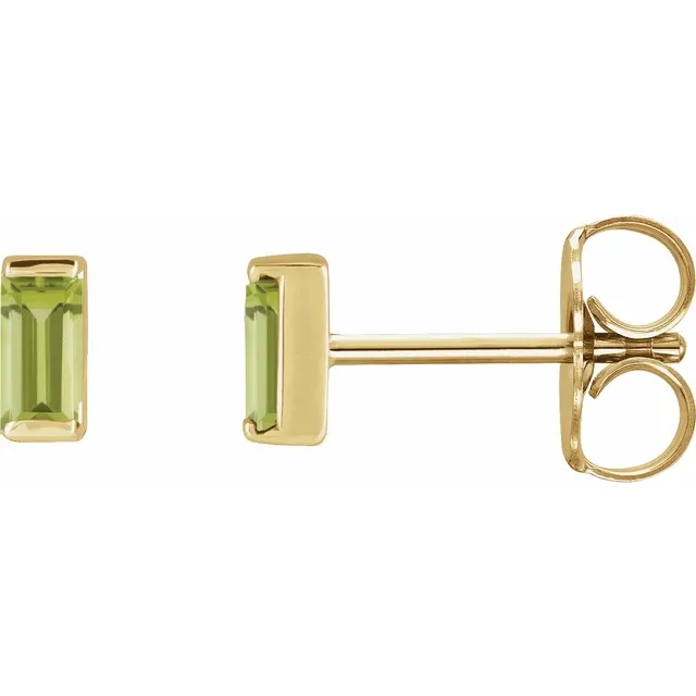 Natural peridot baguette stud earrings in 14K yellow gold, side view