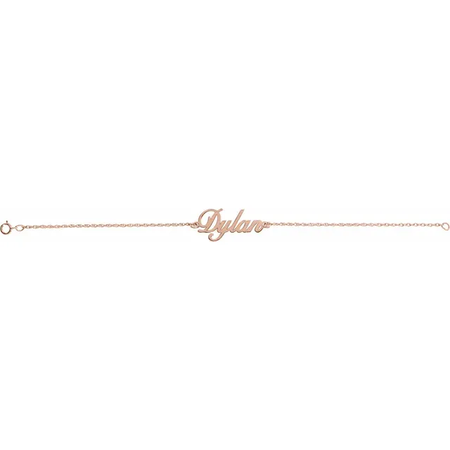 Personalized script name bracelet in rose gold-plated sterling silver shown straight