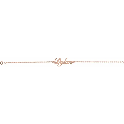 Personalized script name bracelet in rose gold-plated sterling silver shown straight