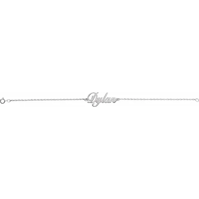 Personalized script name bracelet in sterling silver shown straight