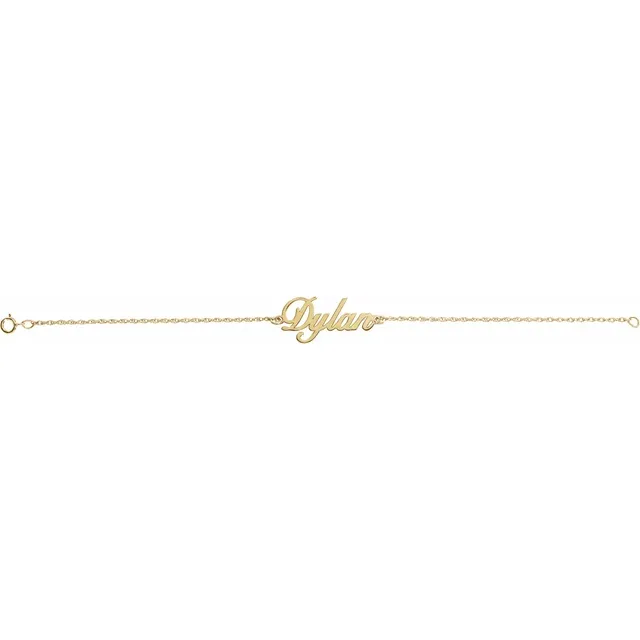 Personalized script name bracelet in yellow gold-plated sterling silver shown straight