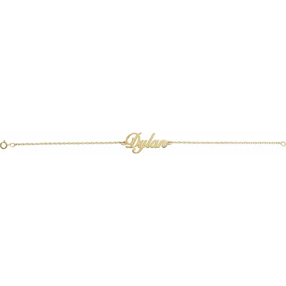 Personalized script name bracelet in yellow gold-plated sterling silver shown straight