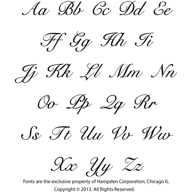 Script name jewelry font chart showing alphabet letter style