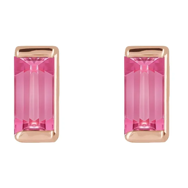 Natural pink tourmaline baguette stud earrings in 14K rose gold, front view