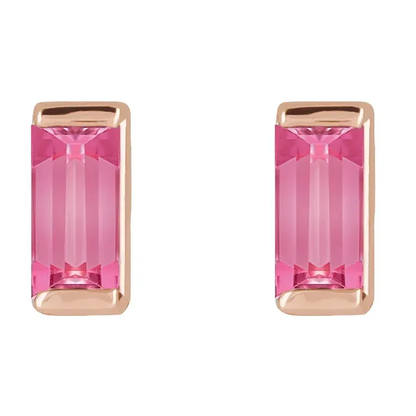 Natural pink tourmaline baguette stud earrings in 14K rose gold, front view