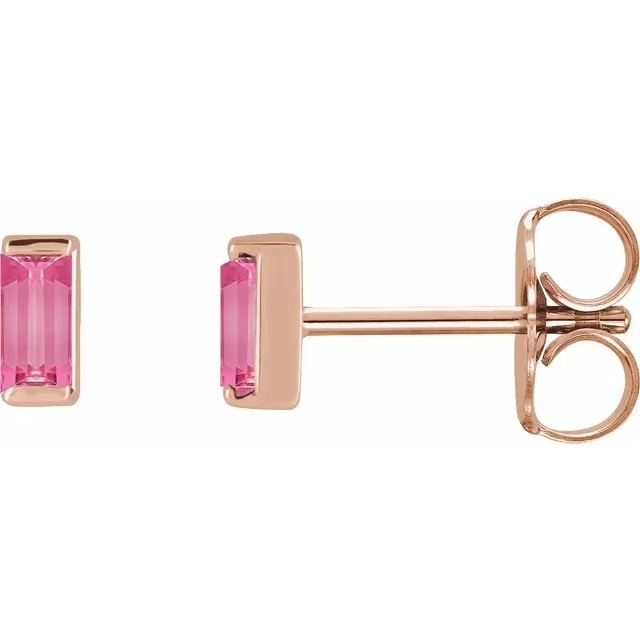 Natural pink tourmaline baguette stud earrings in 14K rose gold, side view