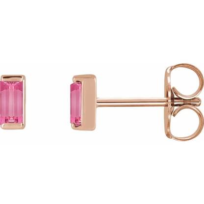 Natural pink tourmaline baguette stud earrings in 14K rose gold, side view