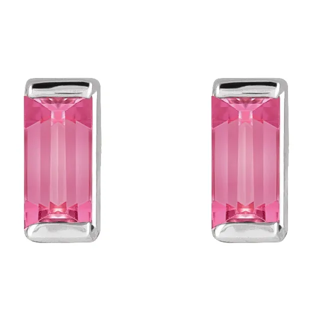 Natural pink tourmaline baguette stud earrings in white metal, front view