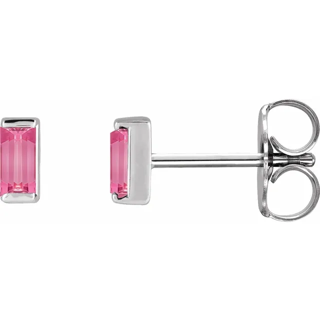 Natural pink tourmaline baguette stud earrings in white metal, side view