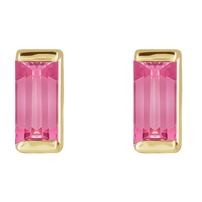 Natural pink tourmaline baguette stud earrings in 14K yellow gold, front view