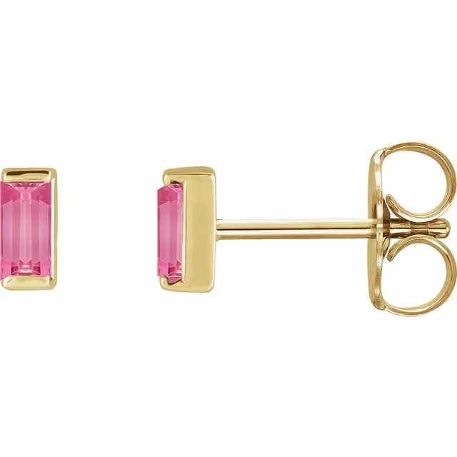 Natural pink tourmaline baguette stud earrings in 14K yellow gold, side view