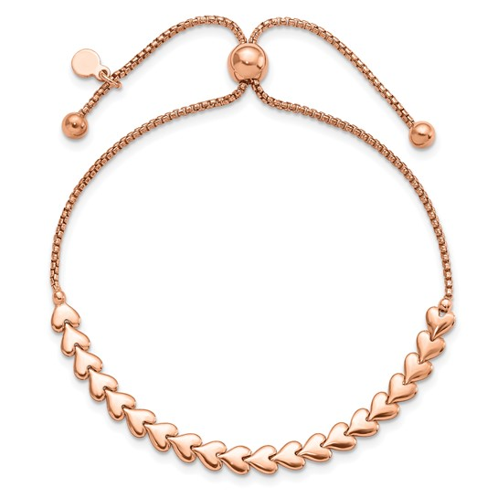 Polished heart adjustable bolo bracelet in rose-tone plated sterling silver