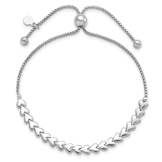 Polished heart adjustable bolo bracelet in rhodium-plated sterling silver