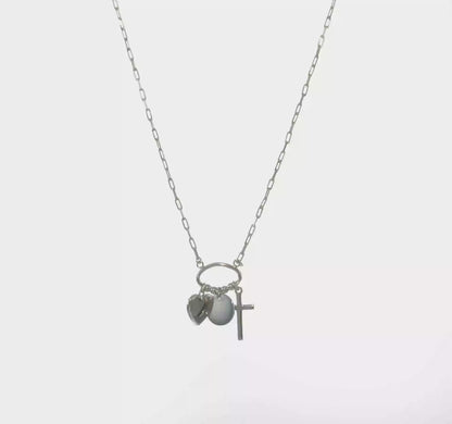 Sterling Silver Heart, Disc & Cross Charm Necklace