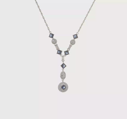 Sterling Silver Dark Blue Glass and Cubic Zirconia Y-Drop Necklace