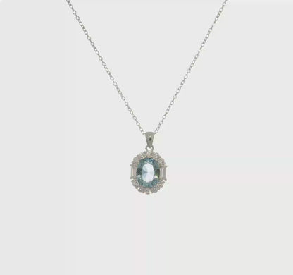 Sterling Silver Aqua-Blue and White Cubic Zirconia Oval Halo Necklace