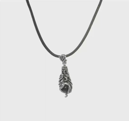 Stainless Steel Black Agate Pendant on Leather Cord