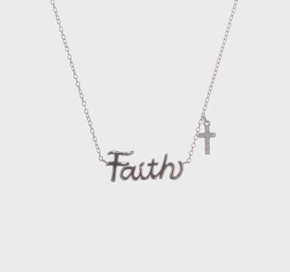 Sterling Silver Faith & CZ Cross Charm Necklace