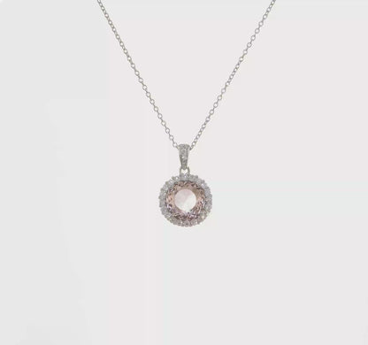 Rhodium-Plated Sterling Silver Simulated Morganite and Cubic Zirconia Halo Necklace