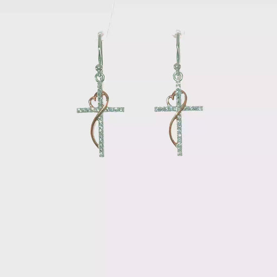 Sterling silver rose-tone CZ heart and cross earrings video