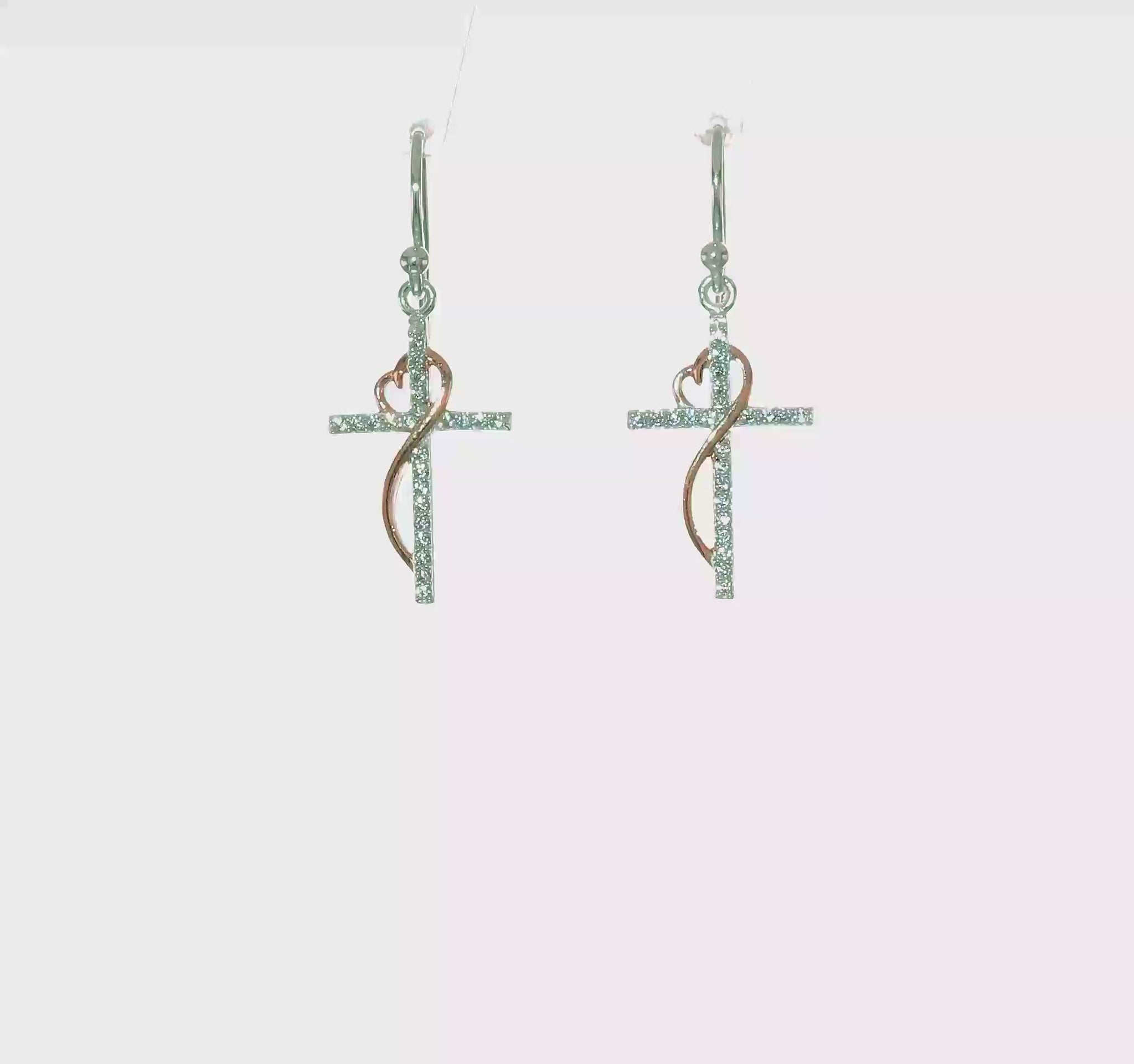 Sterling silver rose-tone CZ heart and cross earrings video