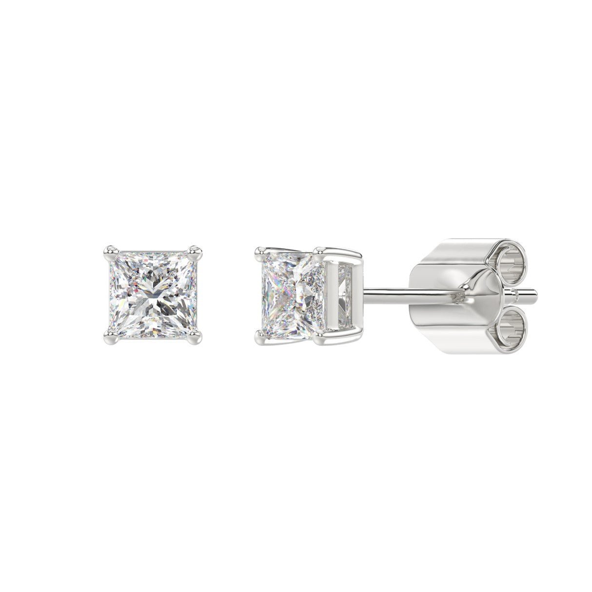 Princess Lab-Grown Diamond Stud Earrings in white gold - front and side view