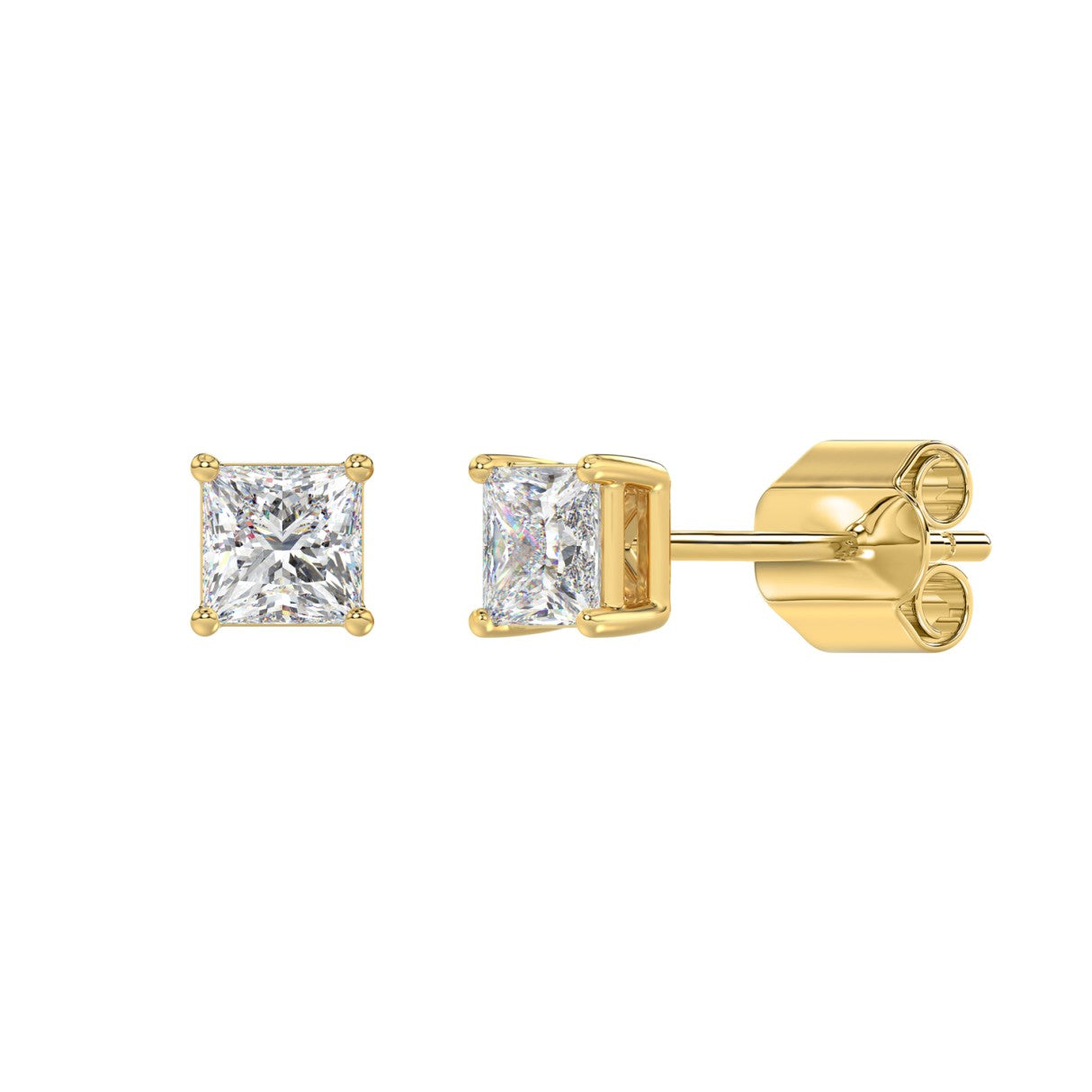 Princess Lab-Grown Diamond Stud Earrings in yellow gold - front and side view