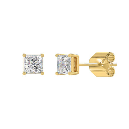 Princess Lab-Grown Diamond Stud Earrings in yellow gold - front and side view