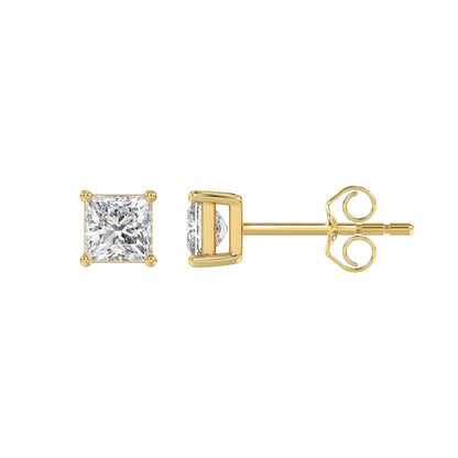 Princess Lab-Grown Diamond Stud Earrings in yellow gold - side profile view