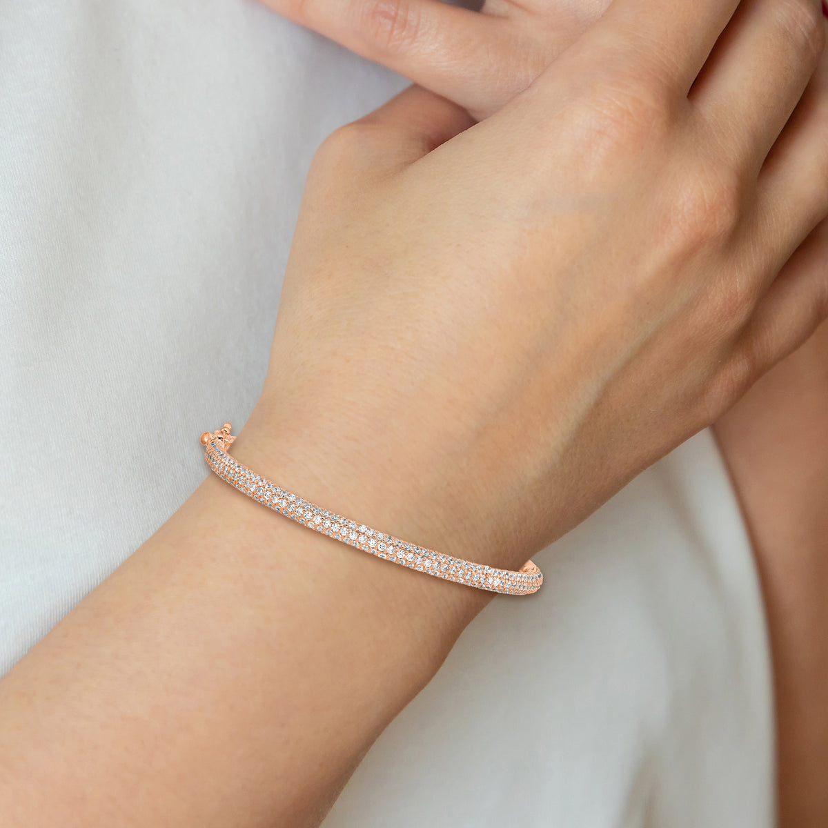 Rose-tone sterling silver 175-stone pavé CZ hinged bangle alternate view