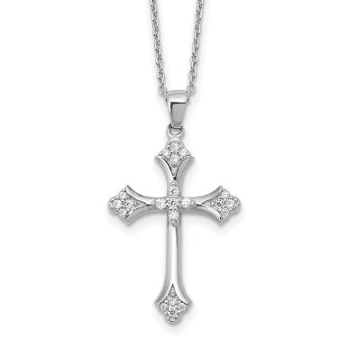 Rhodium-plated sterling silver CZ cross necklace close-up