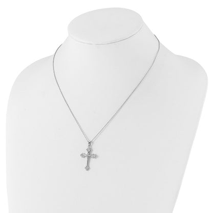 Rhodium-plated sterling silver CZ cross necklace shown on bust